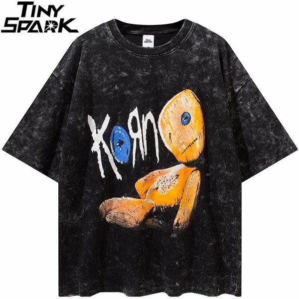 

streetwear harajuku washed t shirt 2021 men hip hop letter doll print tshirt summer short sleeve t-shirt cotton casual men's t-shirts, White;black