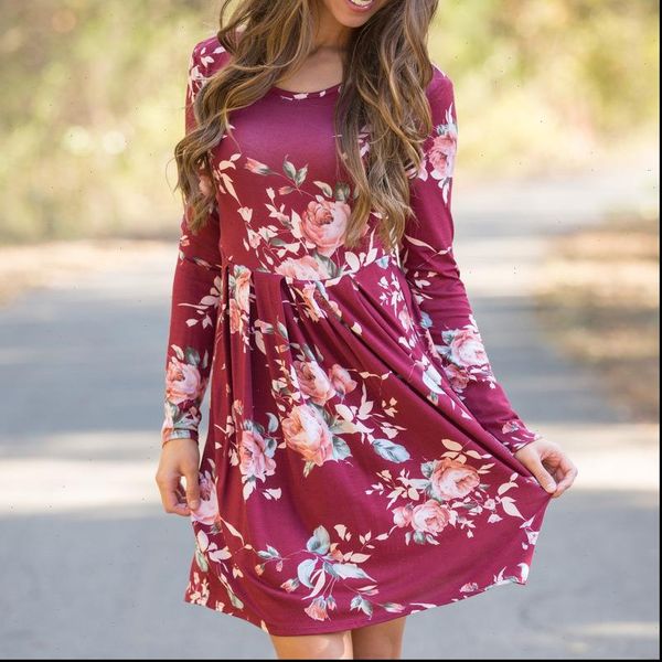 

autumn long sleeve flower printed womens dress boho round neck cute shift ws1682c, Black;gray
