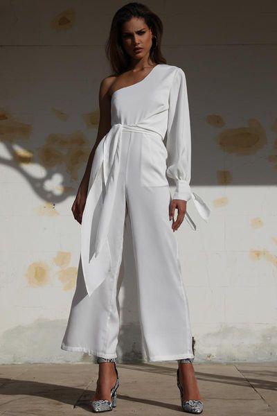 

women's jumpsuits & rompers midi one-shoulder sleeve dress runway streetwear ladies white j095, Black;white