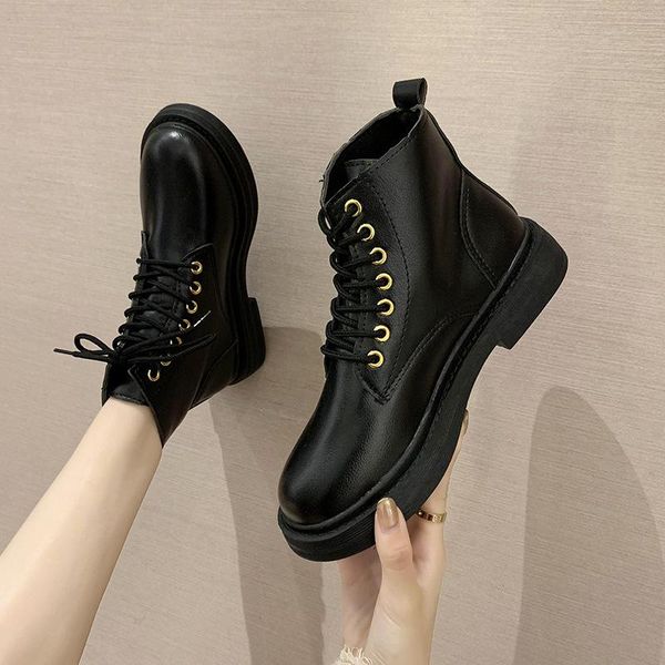 

boots warm plush winter ankle solid leather thick bottom square low heels platform lace up plus size autumn short, Black