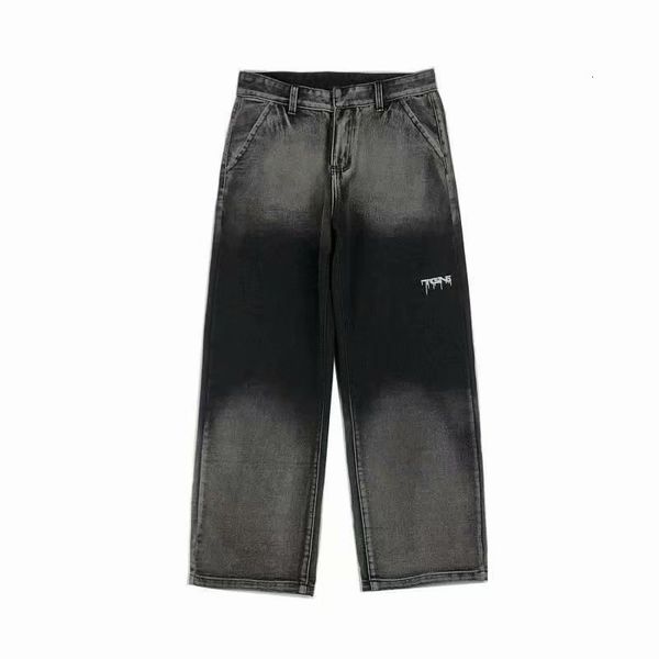 

spring autumn hong kong style hip hop gradient printed jeans korean casual ankle length straight loose pants, Blue