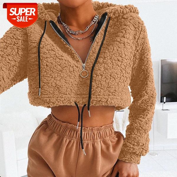 

amazon zipper plush sweater women fashion cropped long-sleeved hooded wholesale #3c0b, Black