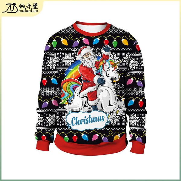 

2021 autumn women's santa claus digital printing christmas pullover round neck christmas couple sweater, Black