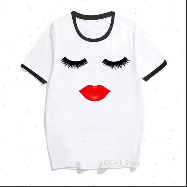 

women t shirt vogue eyelash red lip print funnny shirts summer white cute make up tee femme 90s