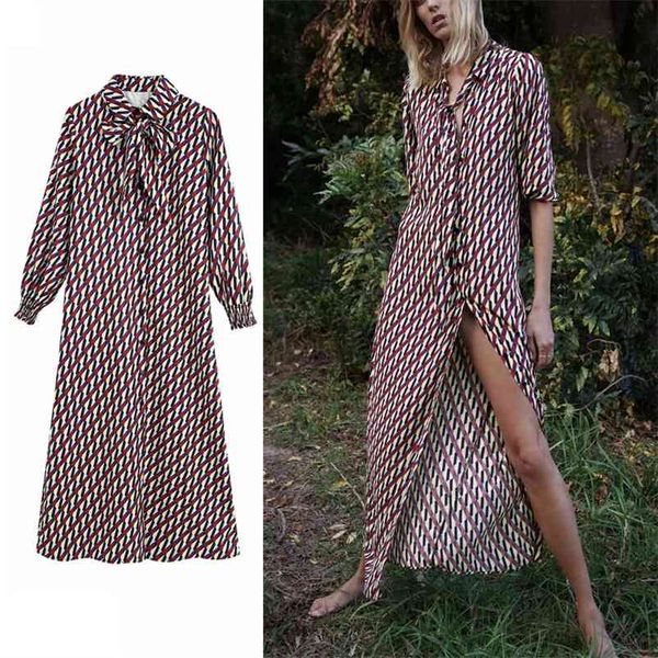 

women long za autumn print dress elegant midi dress tied lapel collar long sleeve elastic cuff female vintage dresses 210409, Black;gray