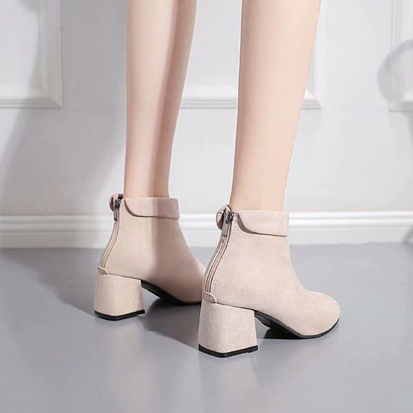 

boots sagace shoes women fashion casual flock square heels round toe back zipper solid short ankle high heel 2021dec24, Black
