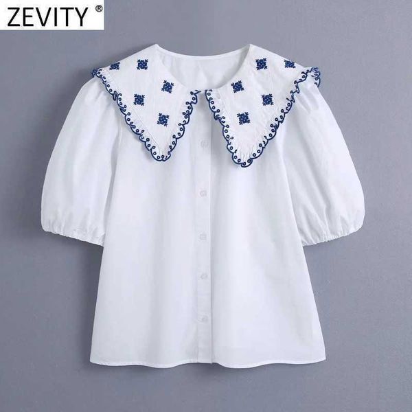 

zevity women agaric lace embroidery patchwork poplin shirt office lady puff sleeve casual blouse roupas chic chemise ls9280 210603, White