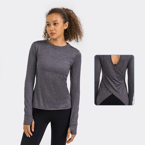 

yoga outfit fitness women's long sleeve shirt female sport gym clothing slim round neck breathable hollow back thumb jack running