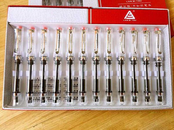 

fountain pens 12pcs/box lanbitou transparent pen f/ef hooded nib piston filler ink for student stationery school supplies