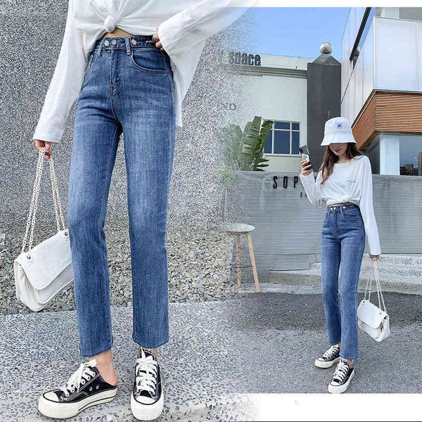 

women's jeans fashion autumn leisure national style straight pants elastic high waist capris jeans, Blue