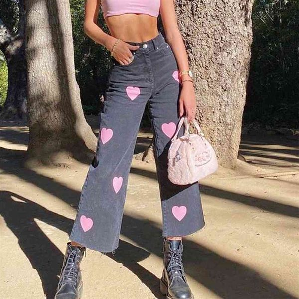 

pink heart print black long female jeans denim y2k pants for women autumn harajuku straight high waist full length trousers 210510, Black;white