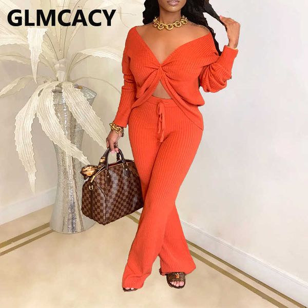 

womne two piece ribbed suits long sleeve twist & casual wide leg pants set 210702, White