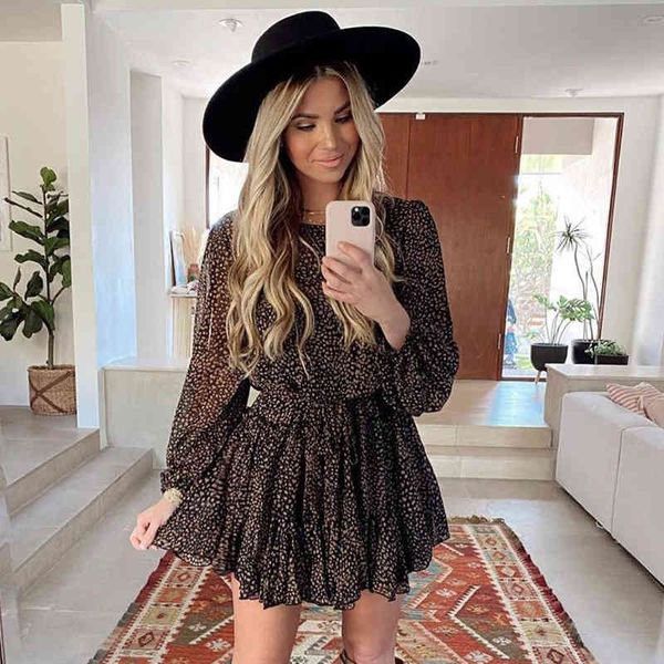 

leopard print black long sleeve dress women o neck winter basic a-line dress vintage chiffon short dress vestidos 210415, Black;gray