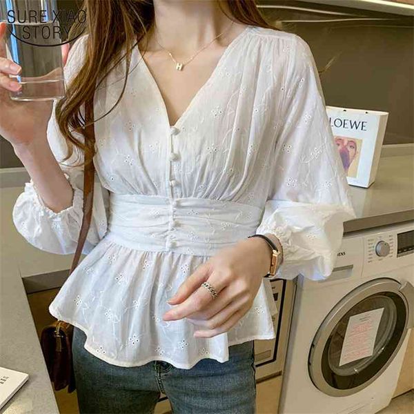 Office Lady Style Sweet White Lace Shirt Mujer Blusa Otoño Francés Vintage Puff Manga larga Forro Top Femenino 10539 210508