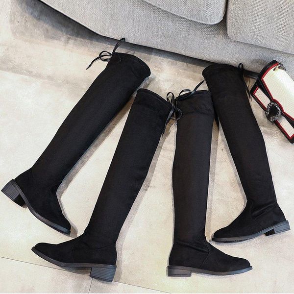 

boots winter women's 2021 over-the-knee fashion lace-up square-heel suede round head low heel sock, Black
