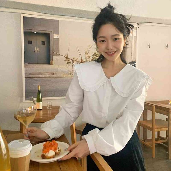 

sweet ruffled plus size white peter pan collar blouse women puff long sleeve loose chic office lady blusas mujer wild 210429