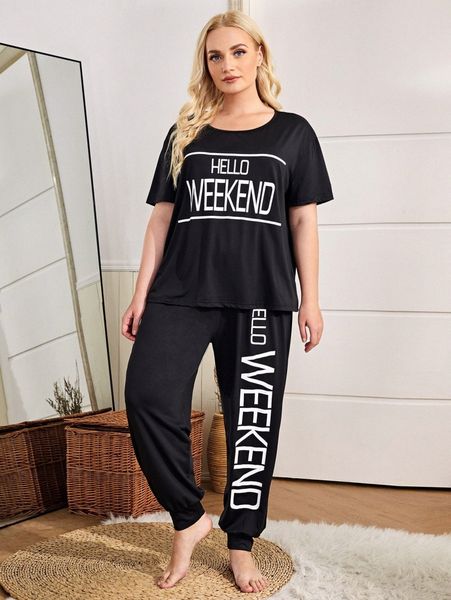 

plus slogan graphic pajama set n9vx#, Black;white