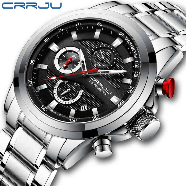 

men watches crrju brand stainless steel watches for mens waterproof chronograph date quartz watches reloj hombre 210517, Slivery;brown