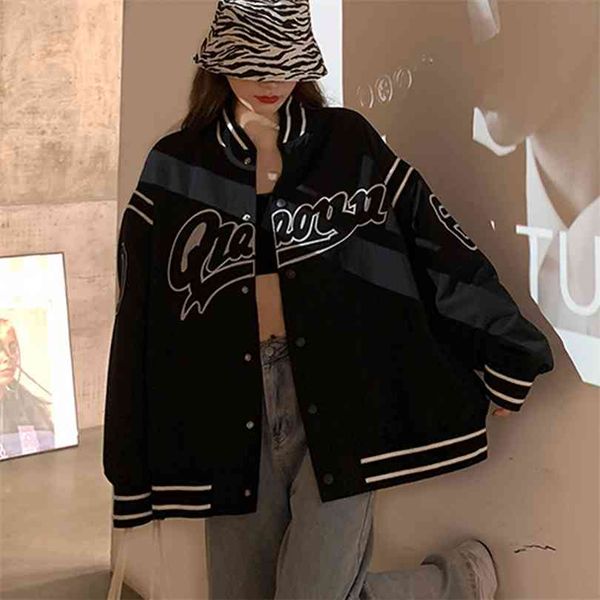 

autumn winter harajuku style embroidery single-breasted baseball uniform all-match jacket punk coat women 210817, Black