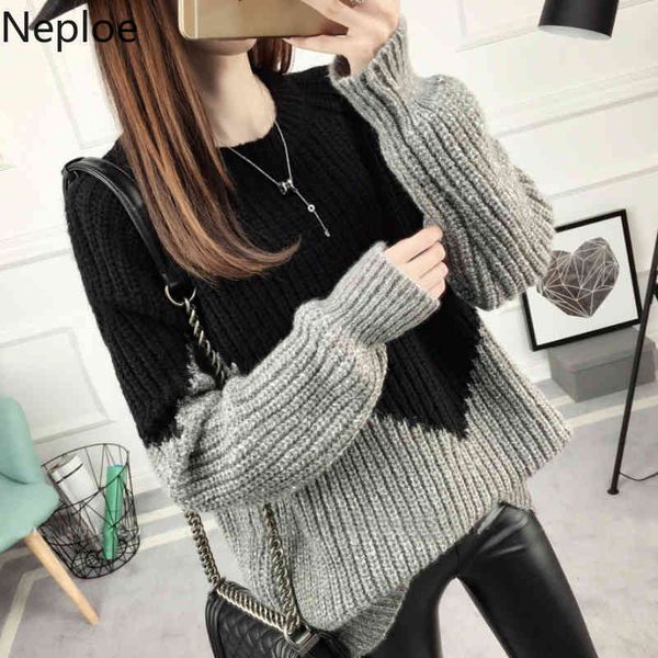 

neploe korean thick loose plus size sweaters women invierno 2022 o neck patchwork student pullovers autumn wild ladies 46018, Black;white
