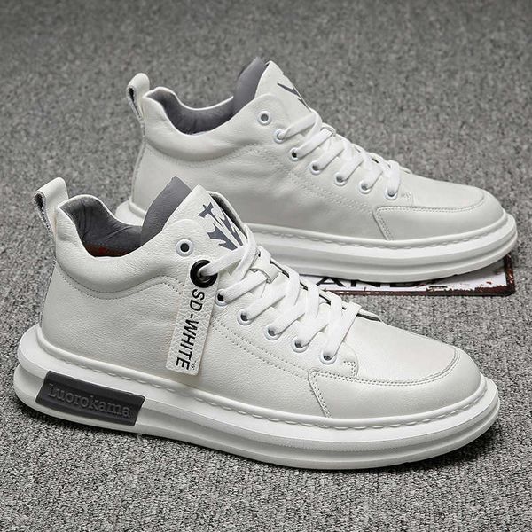 

men's sho spring high board cowhide white trendy versatile casual sports