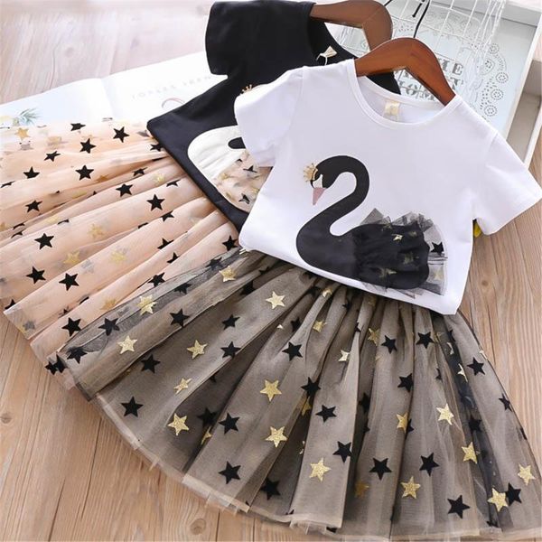 

clothing sets 2021 2 pcs girl's casual suit round neck short sleeve cartoon swan print t-shirt bronzing star mesh bubble skirt daily li, White