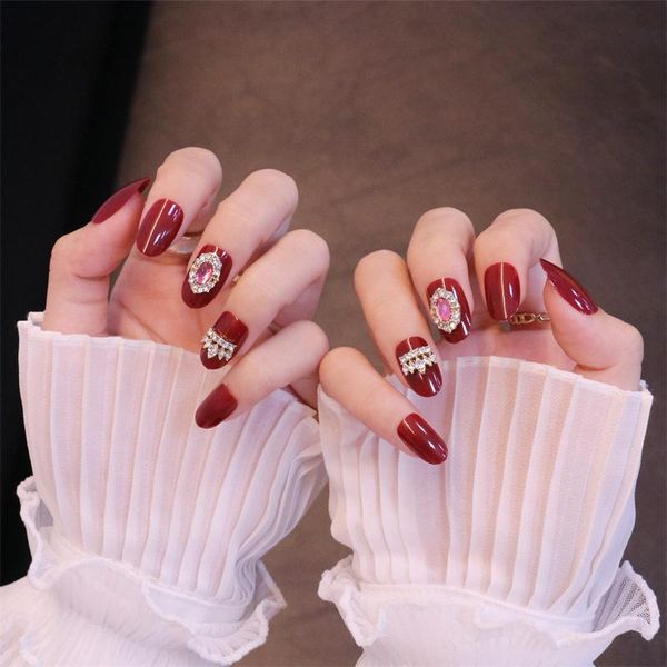 

false nails oval short press on fake royal crown and pink diamond rhinestone design sxy109, Red;gold