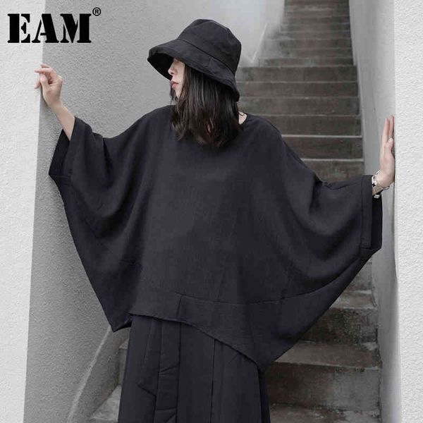 

[eam] women black white big size casual t-shirt round neck three-quarter sleeve fashion spring summer 1dd8631 21512