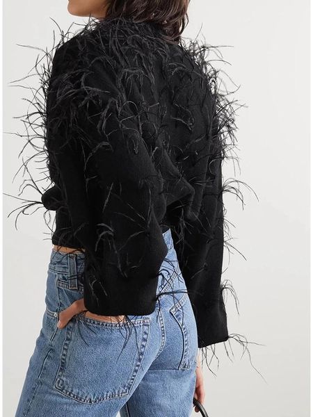 

women's t-shirt spring heavy craft feather tassel sweater fashion 2021 long sleeve v-neck party pullover xl, White