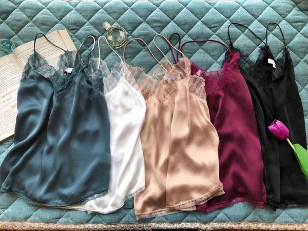 

women's tanks & camis [7evening] white/black/wine red/pink 100% silk ladies lace top