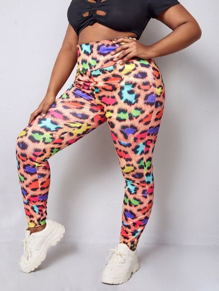 

sxy plus leopard print wide waistband leggings 59hg#, Black