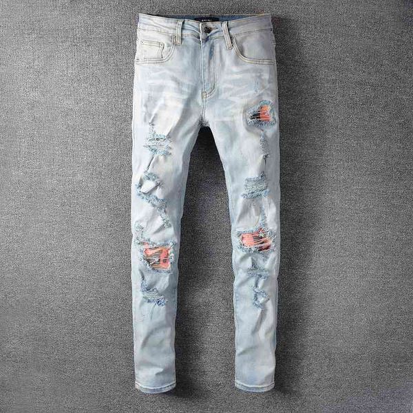 

fashion jeans hole men's street trendy patch stretch slim hip hop port pants, Blue