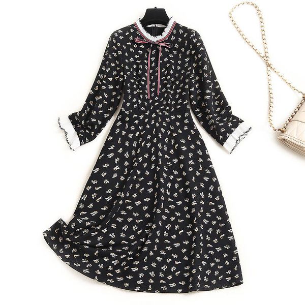 

casual dresses european women's printed maxi shirt dress elegant 2021 early autumn neckline lace cuff 15133, Black;gray