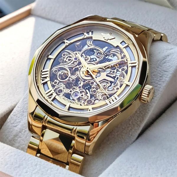 

wristwatches oupinke men mechanical watch gold waterproof skeleton movement sapphire automatic wristwatch reloj hombre, Slivery;brown