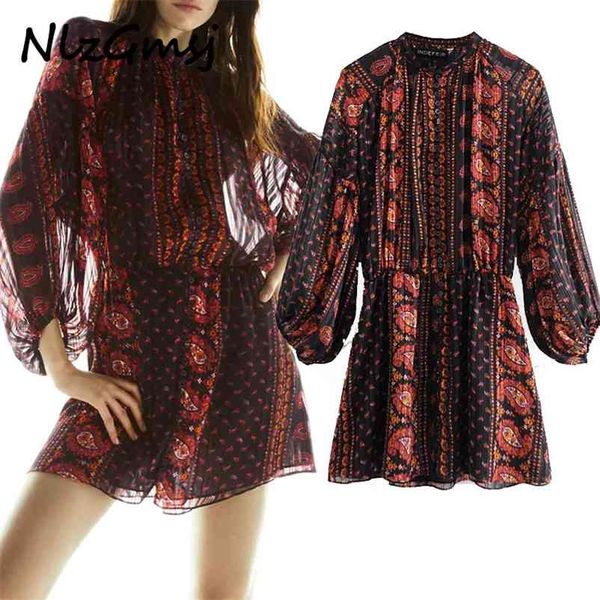 

dres summer bohemian style print lantern sleeve three quarter mandarin collar knee-length short 03 210628, Black;gray