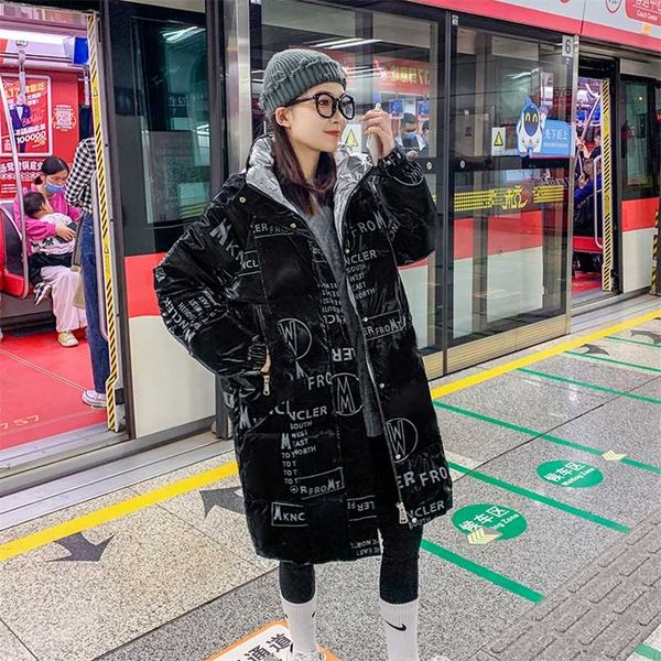 

warm womens thick long parkas letter print loose casual winter jacket korean style puffer coat streetwear for female fashion 211216, Black