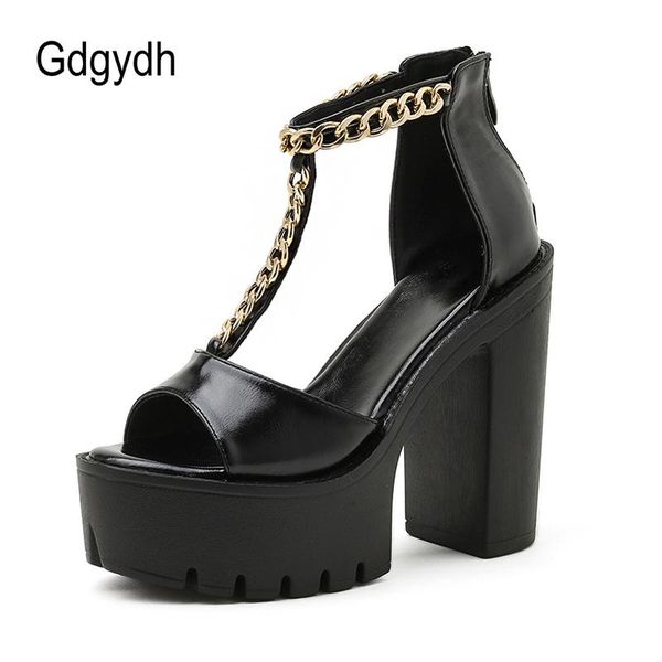

dress shoes gdgydh chain women sandals fashion platform t-strap high heels for party gothic girls punk style model zipper, Black