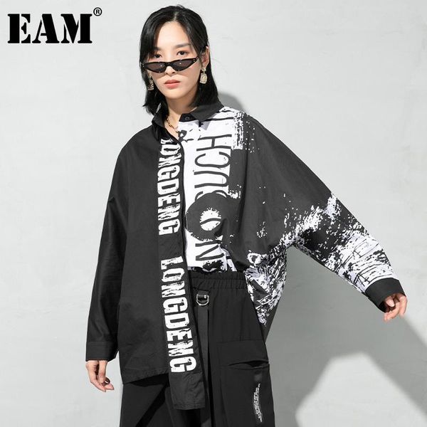 

[eam] women letter print big size black blouse lapel long sleeve loose fit shirt fashion tide spring autumn 2021 1dd4584 women's blouse, White