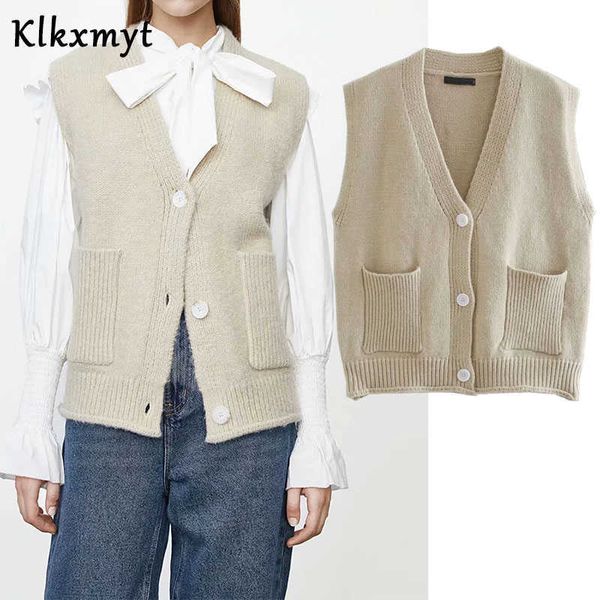 

klkxmyt za women fashion with pockets ribbed trims knitted waistcoat vintage v neck button-up female vest sweater chic 210527, Black;white