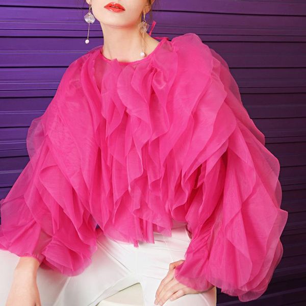 

blouse 2021 autumn fashion street wear wave ruffle chiffon puff sleeve ladies blusas retro shirt women's blouses & shirts, White