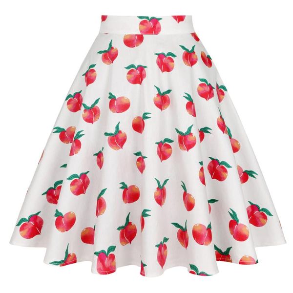 

skirts summer cotton skirt female beige peach print high waist big swing knee length elegant a line faldas mujer vd0020, Black