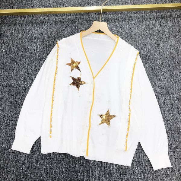 

sweater knit 2021 autumn winter women's wear long sleeve color contrast five pointed star sequin loose thin ted cardigan coat, White;black