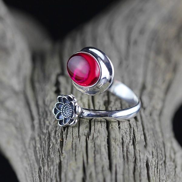 

cluster rings luxury female oval ruby open ring 100% real sterling silver wedding cute flower thin engagement for women, Golden;silver