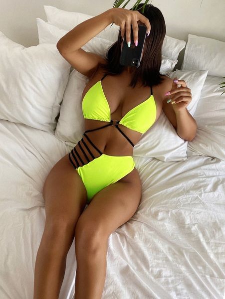 

neon lime ladder cut-out triangle bikini swimsuit s89r#, White;black