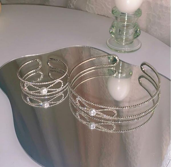 

earrings & necklace japan korea full rhinestone double-layer open collar women short fashion bracelet elegant shiny jewelry set, Silver