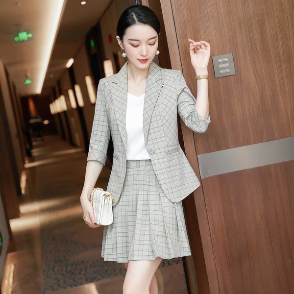 

two piece dress elegant plaid half sleeve formal professional women business suits with skirt and ol styles office ladies career blazer, White