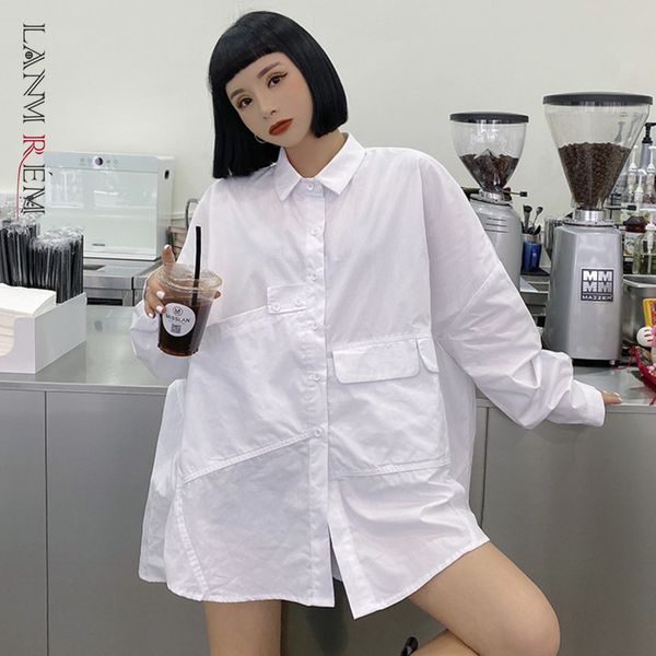 

spring women shirts loose plus size blouse turn-down collar long sleeve korean style female large 2a3518 210507, White