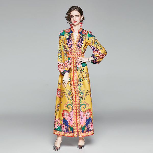 

autumn runway v-neck lantern sleeve maxi dress women elegant button split long female floral print party with belt casual dresses, Black;gray