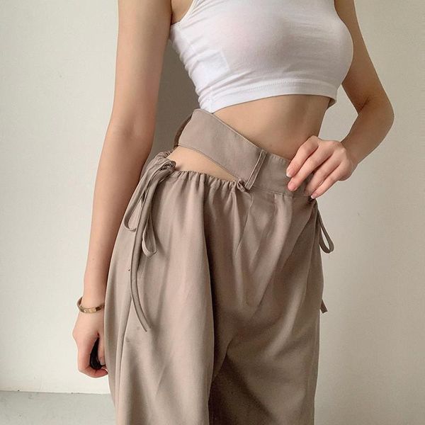 

women's pants & capris women casual 2021 high waist hollow-out solid color belt drawstring long trousers for party shopping vacation da, Black;white