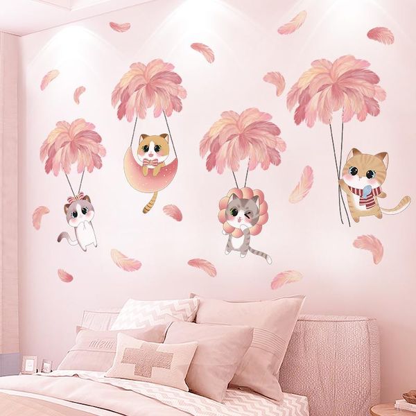 

wall stickers [shijuekongjian] cats animals diy cartoon feathers decals for kids room baby bedroom nursery house decoration
